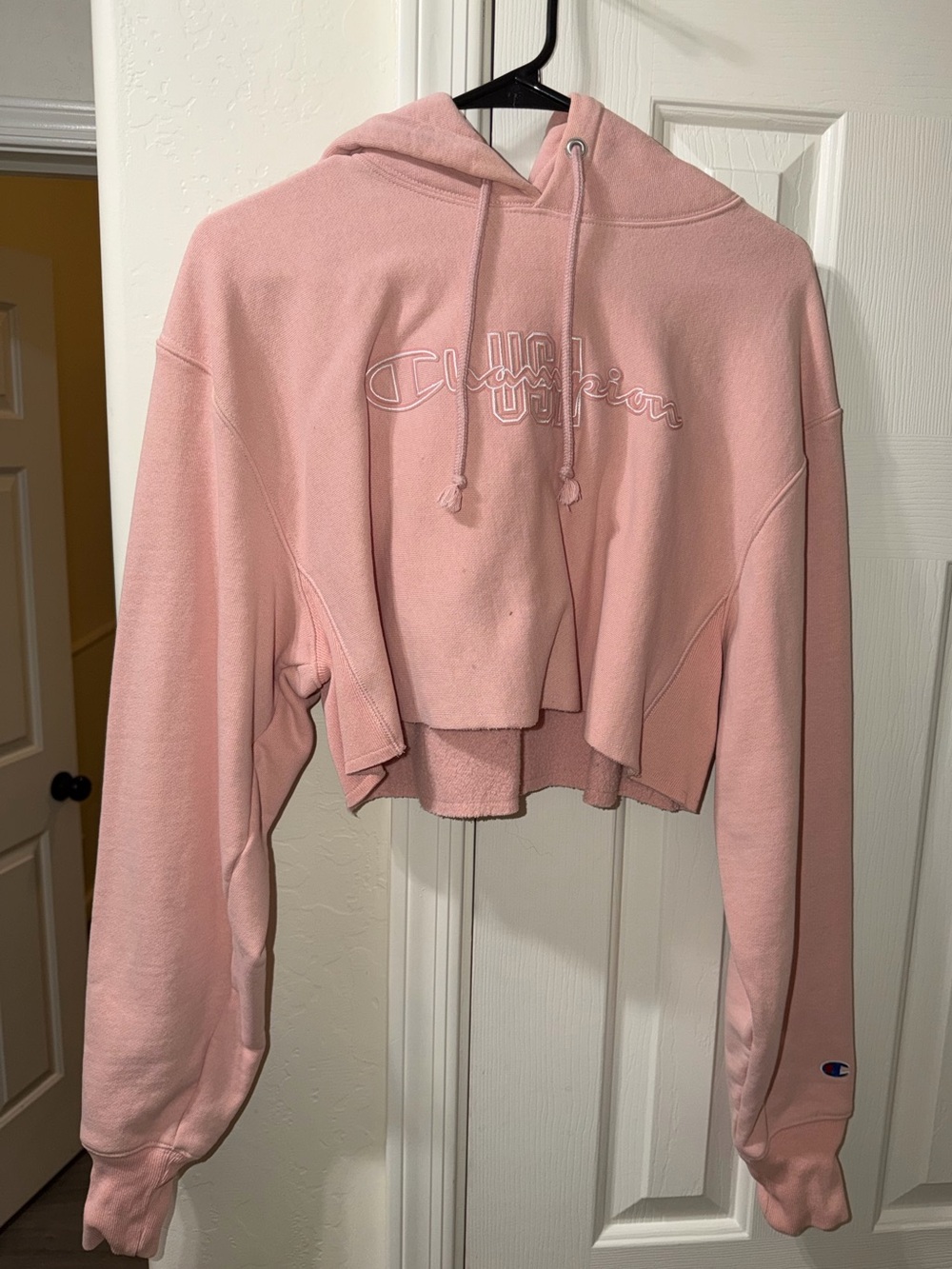 Champion Pink Cropped Hoodie with Embroidered Logo